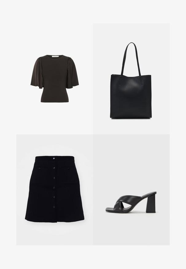 Fekete felső, rövid, puffos ujjakkal, sima anyagból készült. Kerek nyakkivágással és testhez álló siluettal rendelkezik.; sandro JUPE TRAPEZE POCHES - A-vonalú szoknya - noir; MAX&Co. SOHO - Magas sarkú szandálok - schwarz; Fekete bőrtáska sima felszínnel, téglalap alakú, két hosszú füllel. Nincs látható fémkiegészítő vagy díszítés.