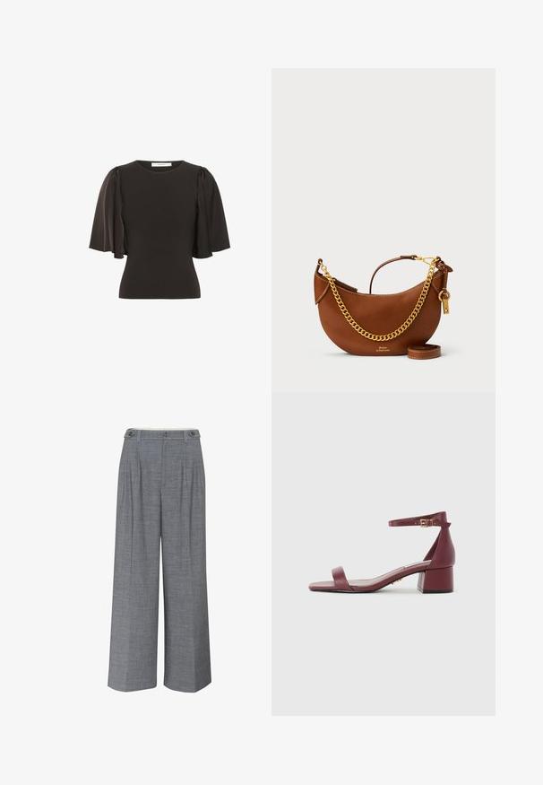 Černý top s krátkými vycpanými rukávy z hladké tkaniny. Má kulatý výstřih a přiléhavý střih.; Šedé široké kalhoty vyrobené z texturované látky, s dvojným knoflíkovým zapínáním a předními skladbami pro větší designový detail.; Burgundské kožené sandály se čtveratou špičkou, tenkým nártovým páskem, zlatými detaily a masivním blokovým podpatkem. Hladký povrch a minimalistický design.; Hnědá kožená kabelka s zakřiveným designem, zlatým řetízkem, vnitřní kapsou a odnímatelným ramenním popruhem. Obsahuje kontrastní prošívání.