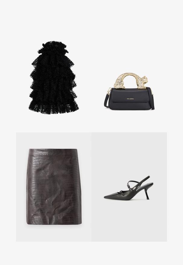 Black ruffled dress made from textured fabric, featuring multiple layers and a gathered neckline, creating a voluminous silhouette.; Crocodile-embossed short skirt in dark brown, featuring a smooth texture and a fitted silhouette with a slight flare at the hem.; Black leather slingback heels with a pointed toe, slender heel, and decorative buckle detail on the vamp. Smooth texture and sleek design.; Black leather handbag with a gold cat-shaped handle, featuring a front flap, adjustable strap, and logo detail on the lower front.