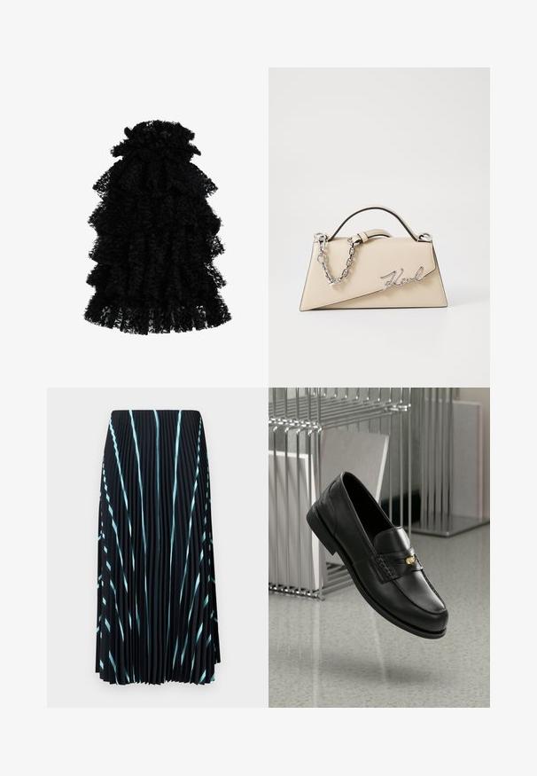 Rochie neagră cu volane, realizată dintr-un material texturat, având multiple straturi și un guler bufant, creând o siluetă voluminoasă.; Fustă plisată neagră cu dungi diagonale de culoare albastru deschis. Fabricată dintr-un material texturat, ușor. Poate fi purtată până la jumătatea gambei, fără închizători vizibile.; Mocasini din piele neagră cu un finisaj neted, având o bandă decorativă și un mic accent de aur. Talpa este plată, cu vârful rotunjit.; Geantă din piele bej, cu o formă structurată, triangulară, având un mâner din lanț argintiu și un logo cursiv din metal.