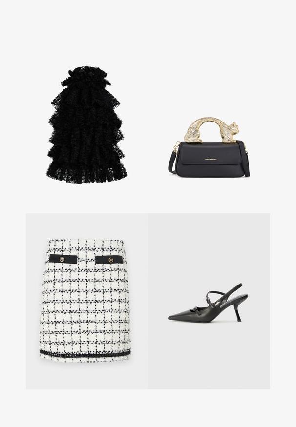 Vestido negro con volantes hecho de una tela texturizada, que presenta múltiples capas y un escote fruncido, creando una silueta volumétrica.; Minifalda de tweed en blanco y negro, con un patrón de cuadrícula, detalles en negro, dos bolsillos frontales y botones dorados.; Tacones slingback de cuero negro con punta afilada, tacón delgado y detalle decorativo de hebilla en la parte superior. Textura suave y diseño elegante.; Bolso de mano de cuero negro con un asa en forma de gato dorado, presenta una solapa frontal, una correa ajustable y un detalle del logo en la parte inferior delantera.