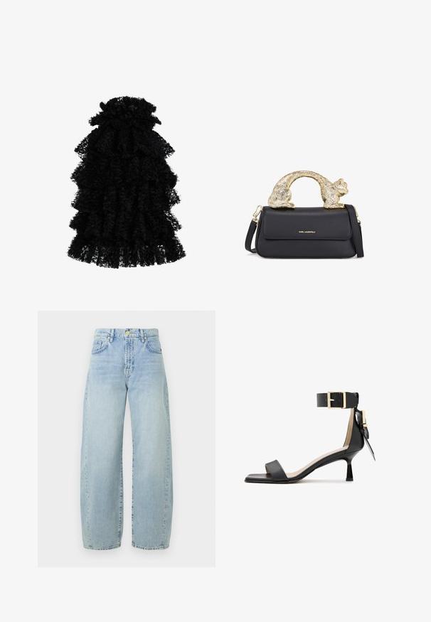 Crna haljina s volanima izrađena od teksturirane tkanine, s više slojeva i skupljenim izrezom, stvarajući voluminoznu siluetu.; Svijetloplave traper široke hlače s visokim strukom, blago izblijedjele, s pet džepova i zlatnim detaljima. Rub je pravokutan i neuredan.; Crne kožne sandale na petu sa kvadratnim vrhom, kaišem oko gležnja s zlatnom kopčom i uskom petom. Glatka tekstura, minimalistički dizajn.; Crna kožna torbica s zlatnim ručkom u obliku mačke, koja ima prednji preklop, podesivu traku i detalj s logom na donjem prednjem dijelu.