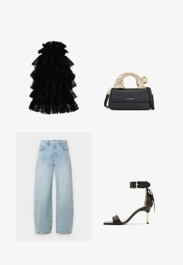 Vestido negro con volantes hecho de una tela texturizada, que presenta múltiples capas y un escote fruncido, creando una silueta volumétrica.; Jeans de mezclilla de un azul claro, de pierna ancha y cintura alta, con un ligero desgaste, cinco bolsillos y herrajes en tono dorado. El dobladillo es recto y sin terminar.; Sándal de tacón de cuero negro con punta cuadrada, correa en el tobillo con hebilla dorada y un tacón metálico esbelto. Textura suave, diseño minimalista.; Bolso de mano de cuero negro con un asa en forma de gato dorado, presenta una solapa frontal, una correa ajustable y un detalle del logo en la parte inferior delantera.