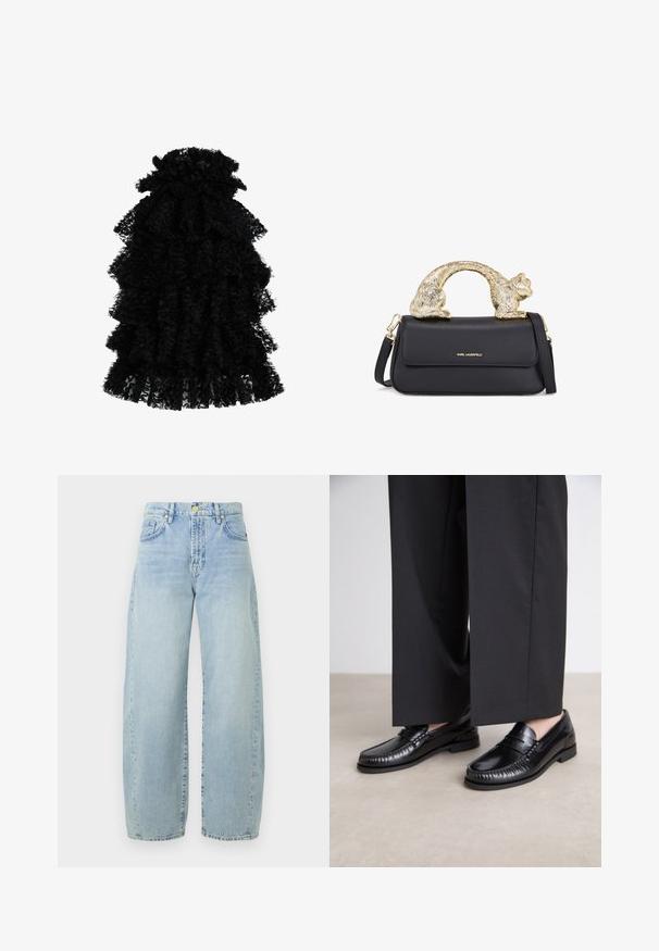 Musthave mustriga mustriga mustrahviga mustriga, millel on mitmed kihid ja kogutud dekoltee, luues volüümika silueti.; Heledad hall sinine teksarikangast laiad püksid kõrge vöökohaga, kerge kulumisega, viie taskuga ja kuldse tooni detailidega. Alläär on sirge ja lõpetamata.; Mustadest nahast loaferdest on sile pind, õmmeldud detaile varvaste ümber ja madal kummitald. Kombineeritud laia musta pükste jaoks.; Must või voodri tasku ja kuldne kassi kujuline käepide, millel on esine klapp, reguleeritav rihm ja logodetail alumisel ees.