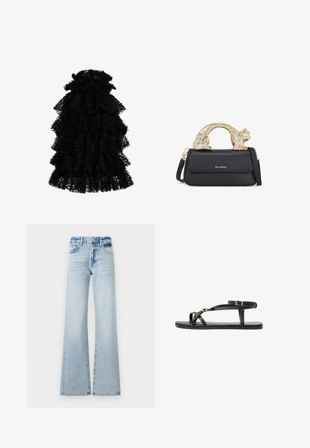 Čierne riasené šaty vyrobené z textúrovanej látky, s viacerými vrstvami a zberaným výstrihom, vytvárajúcim objemný siluetu.; Svetlomodré široké džínsy vyrobené z denimu, s stredne vysokým pásom, piatimi vreckami a kontrastným prešívaním v odrazenom vzhľade.; Čierne kožené sandále s tenkými popruhmi a prackou okolo členku. Plochá podrážka s textúrovaným povrchom a zigzagovým okrajom. Minimalistický dizajn.; Čierna kožená kabelka so zlatým úchytom v tvare mačky, so predným klopovým uzáverom, nastaviteľným popruhom a detailom loga na dolnej prednej časti.