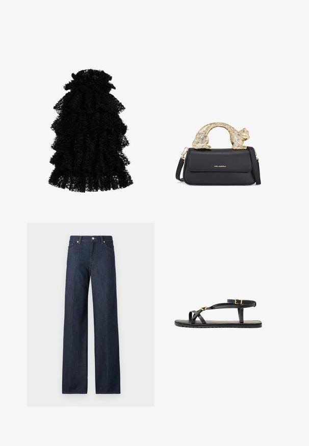 Fekete, fodros ruha textúrált anyagból, amely több rétegből készült és ráncolt dekoltázsa van, így légies sziluettet teremt.; Sötét farmer anyagú, bő szárú nadrágok magas derékkal, övhurkokkal és klasszikus öt zsebes dizájnnal rendelkeznek. Simára kidolgozott textúra, enyhe kopással.; Fekete bőrszandál vékony pántokkal és csattal ellátott bokapánttal. Lapos talp texturált felülettel és hullámos széllel. Minimalista dizájn.; Fekete bőrtáska arany macska alakú fogantyúval, elülső fedéllel, állítható pánttal és logó részlettel az alsó részen.