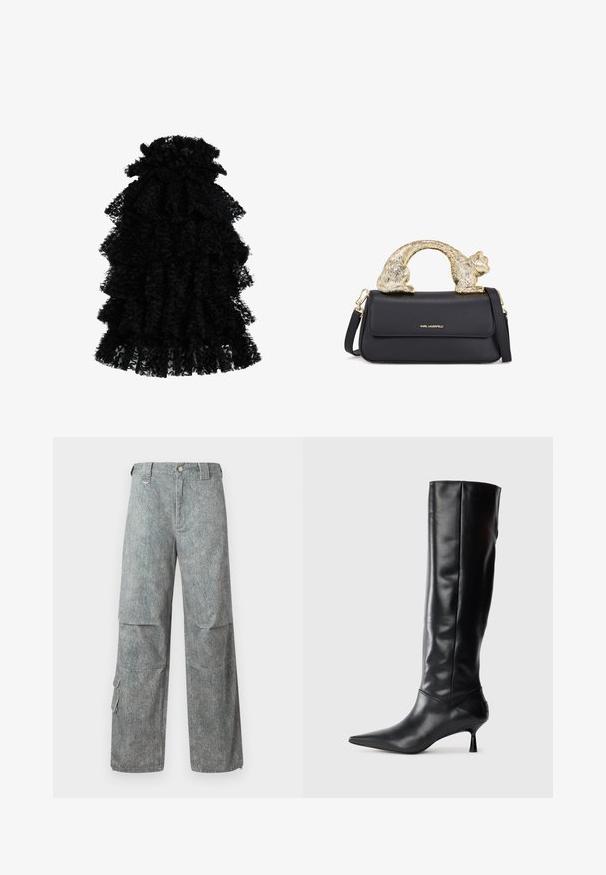 Černé volánkové šaty vyrobené z texturované tkaniny, s mnoha vrstvami a nařaseným výstřihem, vytvářející objemný siluetu.; Svetle modré cargo kalhoty z texturovaného denimu s volným střihem, které mají velké boční kapsy a zapínání na knoflík v pase.; Černé kožené vysoké boty po kolena s špičatou špičkou a štíhlým zakřiveným podpatkem. Hladký povrch, přiléhavý design a žádné viditelné kování nebo vzory.; Černá kožená kabelka se zlatým držadlem ve tvaru kočky, s předním klopovým uzávěrem, nastavitelným popruhem a detailem loga na dolní přední straně.