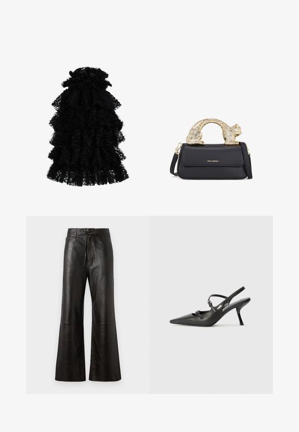 Black ruffled dress made from textured fabric, featuring multiple layers and a gathered neckline, creating a voluminous silhouette.; Black leather trousers with a wide leg design, flat front, and tied waist. Features detailed stitching and minimalist style.; Black leather slingback heels with a pointed toe, slender heel, and decorative buckle detail on the vamp. Smooth texture and sleek design.; Black leather handbag with a gold cat-shaped handle, featuring a front flap, adjustable strap, and logo detail on the lower front.