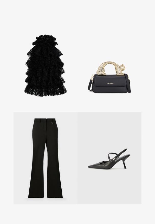 Crna haljina s volanima izrađena od teksturirane tkanine, s više slojeva i skupljenim izrezom, stvarajući voluminoznu siluetu.; Crne hlače širokih nogavica sa glatkom teksturom, prednjim naborima, elegantnim pojasom i malim ukrasnim metalnim detaljem.; Crne kožne štikle sa otvorenom petom, s uskim vrhom i dekorativnom kopčom na gornjem dijelu. Glatka tekstura i elegantan dizajn.; Crna kožna torbica s zlatnim ručkom u obliku mačke, koja ima prednji preklop, podesivu traku i detalj s logom na donjem prednjem dijelu.