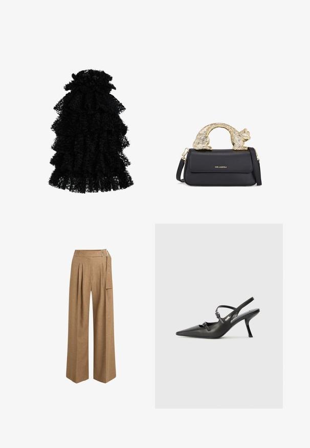 Zwarte gerimpelde jurk gemaakt van textuurstof, met meerdere lagen en een geraffineerde halslijn, die een volumineuze silhoeet creëert.; Bruine, wijde broek van textiel met structuur. Voorzien van een geplooide voorkant, riemlussen en een zijzak met zilverkleurige hardware accenten.; Zwarte leren slingback hakken met een spitse neus, slanke hak en decoratieve gespdetails op de bovenkant. Gladde textuur en een strakke uitstraling.; Zwarte leren handtas met een gouden kat-vormige handgreep, voorzien van een voorflap, verstelbare schouderband en logo-detail aan de onderzijde van de voorkant.