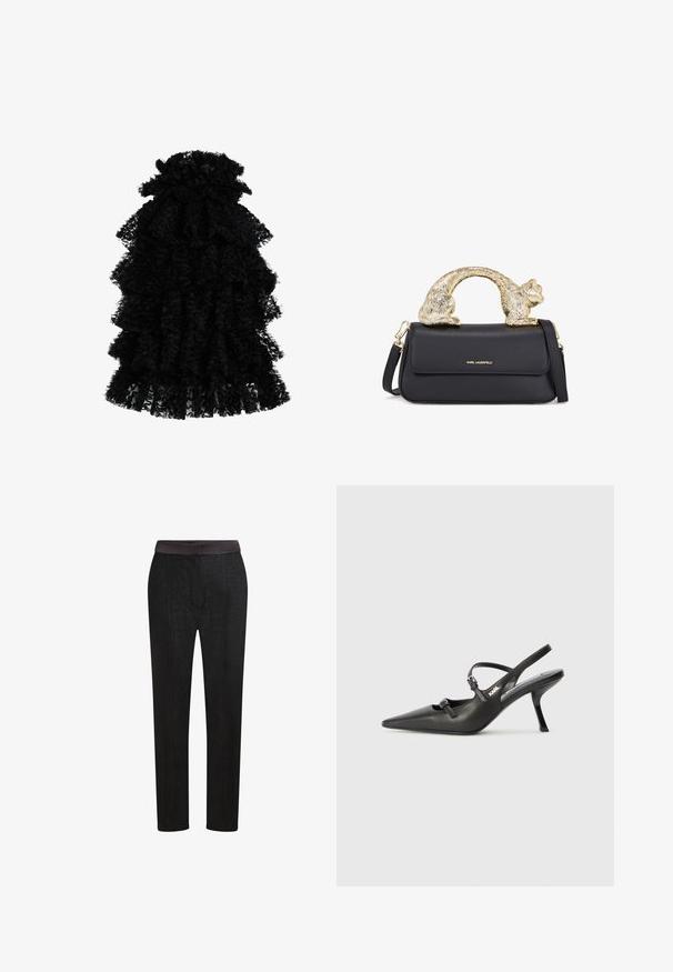 Crna haljina s volanima izrađena od teksturirane tkanine, s više slojeva i skupljenim izrezom, stvarajući voluminoznu siluetu.; Crne krojene hlače s glatkim pojasom, dizajnom ravnih nogavica i suptilnim uzorkom teksture. Pogodne za formalnu ili ležernu odjeću.; Crne kožne štikle sa otvorenom petom, s uskim vrhom i dekorativnom kopčom na gornjem dijelu. Glatka tekstura i elegantan dizajn.; Crna kožna torbica s zlatnim ručkom u obliku mačke, koja ima prednji preklop, podesivu traku i detalj s logom na donjem prednjem dijelu.