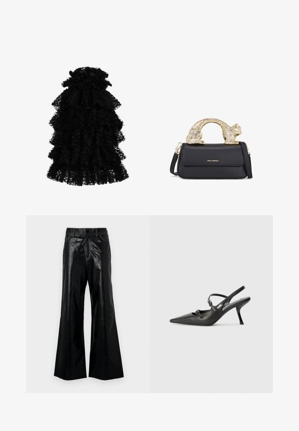 Czarna sukienka z falbanami, wykonana z teksturowanej tkaniny, z wieloma warstwami i marszczonym dekoltem, tworząca objętościową sylwetkę.; Czarne spodnie typu wide-leg z ekoskóry, z paskiem ściaganym w talii, bocznymi kieszeniami i kontrastowymi detalami szycia. Miękka faktura i luźny krój.; Czarne skórzane sandały na obcasie typu slingback z wydłużonym noskiem, smukłym obcasem i ozdobnym zapięciem na cholewce. Gładka tekstura i elegancka forma.; Czarna skórzana torebka z złotym uchwytem w kształcie kota, posiadająca przednią klapkę, regulowany pasek oraz detal z logo na dolnej części przodu.