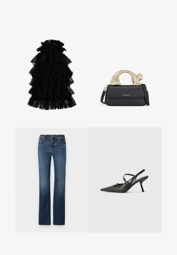 Musta rypistynyt mekko, joka on valmistettu teksturoidusta kankaasta. Mekossa on useita kerroksia ja kerätty pääntie, joka luo runsaan siluetin.; Tummansiniset farkut, joissa on suora lahje, korkea vyötärö, hienoinen kuluminen, viisi taskua ja metallinen nappisuljenta.; Mustat nahkaiset slingback-korkokengät, joissa on terävä kärki, hoikka korko ja koristeellinen solkityyny varpailla. Tasainen pinta ja tyylikäs muotoilu.; Musta nahkakäsi, jossa on kultainen kissanmuotoinen kahva, etuohjauslaukku, säädettävä hihna ja logotunnus alaosassa.