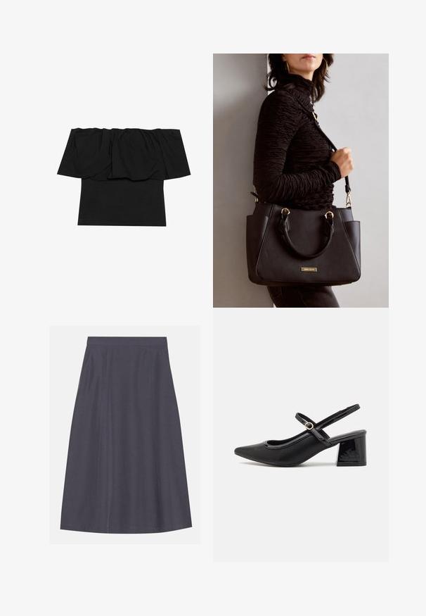 Svart off-the-shoulder topp med rynket stoff ved halsen, stram passform over kroppen og korte ermer. Mykt, glatt materiale.; Et A-linjeet, mørkegrå skjørt laget av et glatt stoff med sidelommer, som har en ren midje og subtil sømdetaljering.; Sorte lakk lær slingback hæler med spiss tå, et avrundet utskjæringsdesign og blokkheel. Har en gulltone spenne som detalj.; Svart håndveske med teksturert overflate, doble topphåndtak og justerbar skulderrem. Har detaljer i gulltone og sidelommer.