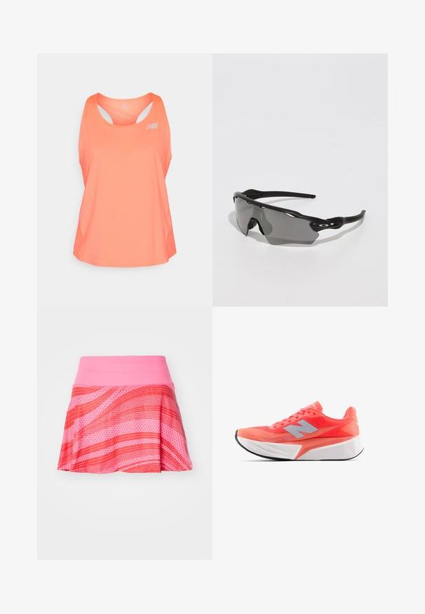 Top de entrenamiento rosa con escote redondeado, diseño de espalda nadadora y agujeros de ventilación. Presenta un pequeño logo reflectante en la parte frontal.; adidas Performance CLUB GRAPHSKIRT - Falda de deporte - lucid pink; Zapatilla de running ligera en un vibrante color coral con parte superior de malla y logo plateado. Media suela blanca texturizada y suela de goma negra distintivas.; Gafas de sol deportivas negras con un diseño elegante, lentes envolventes, lente tintada en gris y patillas texturizadas en negro. Sin logotipos visibles.