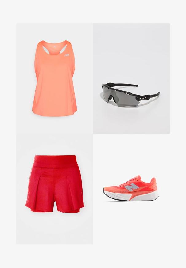 Roze sporttanktop met een ronde hals, racerback ontwerp en ventilatiegaten. Heeft een klein reflecterend logo op de voorkant.; Rode shorts met een rekbare tailleband, voorzien van plooien aan de voorkant en een gladde textuur. Korte lengte met een ontspannen pasvorm.; Lichte hardloopschoen in fel koraal met een bovenwerk van mesh en zilveren logo. Kenmerkende gestructureerde witte tussenzool en zwarte rubberen buitenzool.; Zwarte sportzonnebril met een slank ontwerp, rondlopende glazen, grijs getinte glazen en gestructureerde zwarte pootjes. Geen zichtbare logo's.
