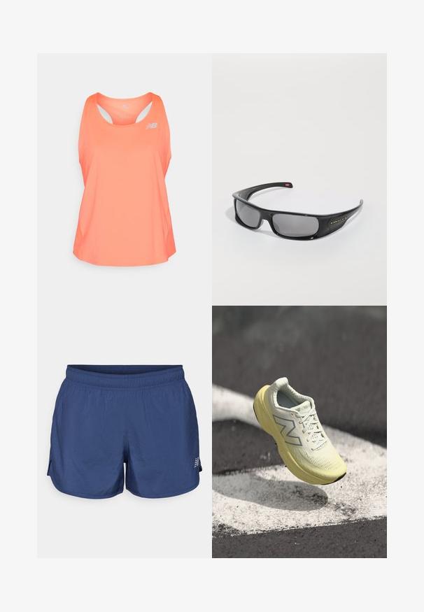 Top de treino rosa com decote arredondado, design de costas nadador e orifícios de ventilação. Apresenta um pequeno logótipo refletor na parte da frente.; New Balance ESSENTIALS 3 - Calções desportivos - navy; Sapatilha de corrida amarelo claro com um superior texturizado, atacadores e uma sola acolchoada. Apresenta um logotipo prateado na lateral e um design elegante.; Óculos de sol Oakley pretos, em formato envolvente, com lentes retangulares escuras e braços curvados, sobre um fundo branco plano.
