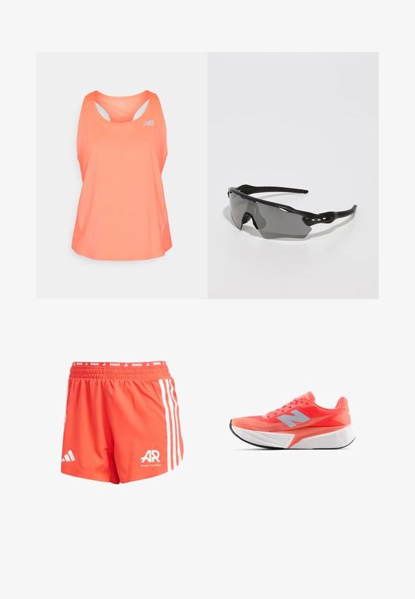 Débardeur de sport rose avec un décolleté en scoop, design dos nageur et trous de ventilation. Présente un petit logo réfléchissant à l'avant.; Shorts de course Adidas en orange vif, fabriqués en tissu léger, avec des rayures blanches sur les côtés, une taille élastique et un détail de logo.; Chaussure de course légère en corail vif avec haut en mesh et logo argenté. Semelle intermédiaire blanche texturée distincte et semelle extérieure en caoutchouc noir.; Lunettes de sport noires avec un design épuré, verres enveloppants, verres teintés gris et branches texturées noires. Aucuns logos visibles.