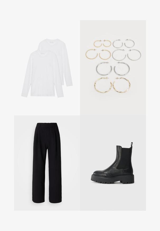 Deux t-shirts à manches longues blancs, superposés l'un légèrement devant l'autre sur un fond blanc.; Pantalons larges noirs en tissu lisse. Dotés d'une taille ajustée et de plis à l'avant pour plus de volume. Design ajusté.; Bottines en cuir noir avec des panneaux élastiques sur les côtés, un bout arrondi et une semelle en caoutchouc texturée épaisse. Comprend une languette à l'arrière.; Ensemble de douze boucles d'oreilles créoles en tons argent et or. Comprend des designs torsadés, lisses et texturés avec différentes tailles et finitions.