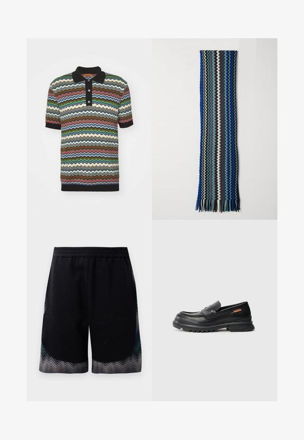 Trumpas rankovėmis megztas polo marškinėlis su zigzago raštu rudos, grietinėlės, mėlynos, žalios ir raudonos spalvų deriniu, juodu apykakle ir trimis sagutėmis.; Juodos sportinės šortai su elastingu juosmeniu ir zigzago rašto apatine dalimi, kuri yra mėlynos, pilkos ir juodos spalvų. Medžiaga atrodo minkšta ir lengva.; Juodos odinės loafersai su apvaliu pirštu, žemu kulnu ir storu, tekstūruotu guminiu padu. Yra siuvinėtas akcentas ir mažas logotipas šone.; Nerti šalikas su zigzagų raštu mėlynos, žalios, kreminės ir bardo spalvų. Yra su kutais ant galų ir tekstūruota paviršiumi.