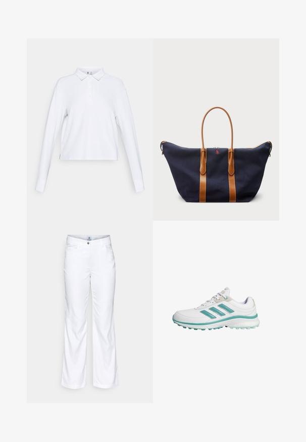 Balts garām piedurknēm polo krekls ar pogājamu apkakli un nedaudz brīvu piegriezumu, attēlots uz vienkārša balta fona.; Baltie kokvilnas auduma bikses ar brīvu piegriezumu, taisnām kājām, priekšējām kabatām un vienu pogu jostas aizdarē.; Baltas sporta apavi ar tirkīza akcentiem. Satur trīs tirkīza svītras sānos un mīkstu baltu zoli, piemēroti sporta aktivitātēm.; Jūras krāsas kanvas sporta soma ar brūnu ādas siksnām, ar rāvējslēdzēju slēgšanu un mazu sarkanu logotipa detaļu priekšpusē, ar plašu un ietilpīgu dizainu.