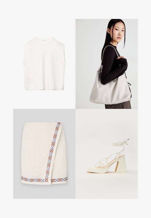 Weißes ärmelloses Oberteil mit einem lockeren Schnitt, Rundhalsausschnitt, glatter Textur und geradem Saum. Schlichtes Design ohne Muster oder Zubehör.; Cremfarbener Wickelrock aus strukturiertem Stoff mit einem gemusterten Saum in braunen und blauen geometrischen Formen entlang einer Seite.; Weiße High-Heel-Sandale mit einem klobigen Absatz, die über ein Riemchendesign und ein Knöchelband verfügt. Glatte Textur mit einer Plattform vorne für zusätzliche Höhe.; Beige Handtasche aus weichem Material, mit einem lässigen Design, gesteppten Details und zwei Schulterriemen. Geeignet für den täglichen Gebrauch.