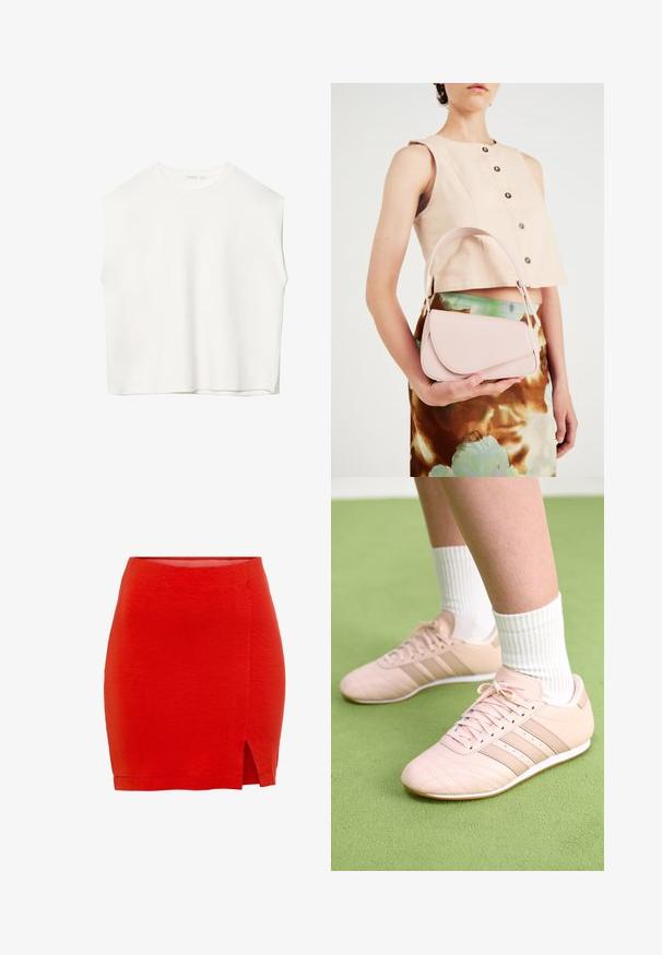 Biele bezrukávové tričko s voľným strihom, okrúhlym výstrihom, hladkou textúrou a rovným lemom. Jednoduchý dizajn bez vzorov a kovania.; Červená pletená sukňa s priliehavým strihom, so bočným rozparkom a lemom, ktorý sa nachádza tesne nad polovicou stehna. Hladká textúra, jednoduchá konštrukcia.; Svetloružové športové topánky s diagonálnym šitím, bielymi podrážkami a tromi bočnými pruhmi. Nosené s rebrovanými bielymi ponožkami na zelenej ploche.; Ružová kožená kabelka s zakriveným klapkovým uzáverom, jedným ramenným popruhom a čistými líniami. Kabelka má hladkú textúru a minimalistický dizajn.