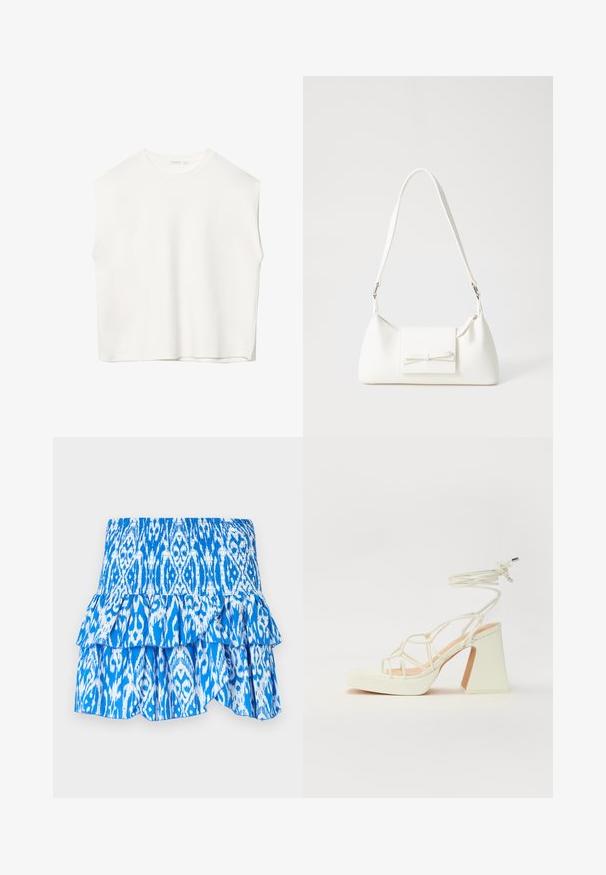 Biele bezrukávové tričko s voľným strihom, okrúhlym výstrihom, hladkou textúrou a rovným lemom. Jednoduchý dizajn bez vzorov a kovania.; Modrá a biela sukňa so vzorom, s elastickým pásom, vrstveným volánikmi na spodnom okraji a ľahkým materiálom. Obsahuje dizajn v štýle ikat.; Biele sandále na vysokom opätku s hrubým podpätkom, s pruhovaným dizajnom a viazaním na členku. Hladký povrch s platformou vpredu pre zvýšenú výšku.; Biela syntetická kabelka s trojuholníkovým tvarom, plochým predným klapkou a detailom mašle, nastaviteľným popruhom, hladkou textúrou a minimalistickým dizajnom.