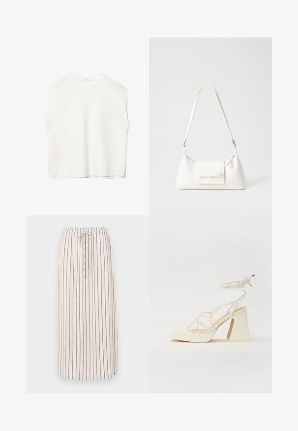 Hvid ærmeløs top med en afslappet pasform, rund halsudskæring, glat tekstur og lige kant. Simpelt design uden mønstre eller hardware.; Lys beige linned skirt med vertikale mørke striber, elastisk talje og snor. Har en sideslids ved kanten for nem bevægelse.; Hvide højhælede sandaler med en kraftig hæl, der har et stropdesign og ankelbinding. Glat tekstur med en platform foran for ekstra højde.; Hvid syntetisk håndtaske med en trekantet form, flad forsideklap og sløjfedetalje, justerbar strop, glat tekstur og minimalistisk design.