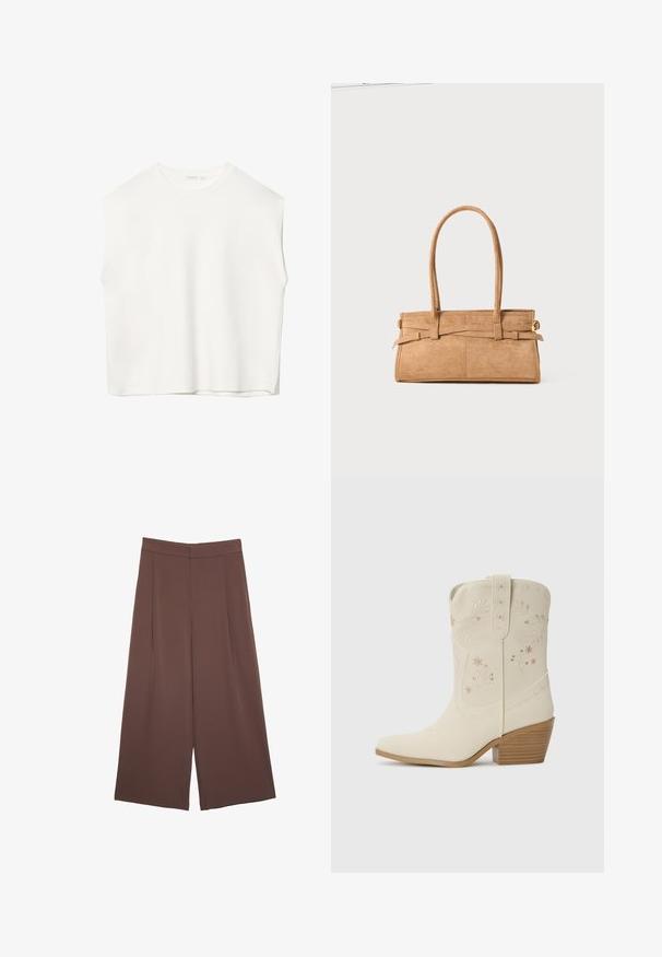 Hvid ærmeløs top med en afslappet pasform, rund halsudskæring, glat tekstur og lige kant. Simpelt design uden mønstre eller hardware.; Brune bredbunde bukser med en glat tekstur, der har høj talje og plisseringer foran. Stoffet er let og falder løst.; Hvide læder cowboystøvler med blomsterbroderi, spids tå og en stabeltræ hæl. Funktioner dekorativ syning på skaftet.; Tan ruskindtaske med to lange håndtag, rektangulær form og dekorativ syning. Den har en sideløsning og subtile guldfarvede hardware-detaljer.
