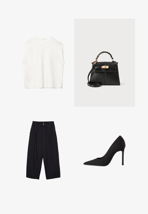 Bijela bezrukavna majica s opuštenim krojem, okruglim izrezom, glatkom teksturom i ravnim rubom. Jednostavan dizajn bez uzoraka ili hardvera.; Crne poliester hlače culotte s elastičnim pojasom, dva prednja nabora i širokim krojem. Nema vidljivih uzoraka ili metalnih detalja.; Crne cipele na visoku petu s uperenim prstima, glatkim satenskim završetkom i štiklom u obliku stiletto. Dizajnirane s diskretnim izrezom sa strane.; Crna kožna torbica s strukturiranim dizajnom, gornjom ručkom, odvojivim remenom i zlatnim metalnim detaljima na magnetskom zatvaranju.
