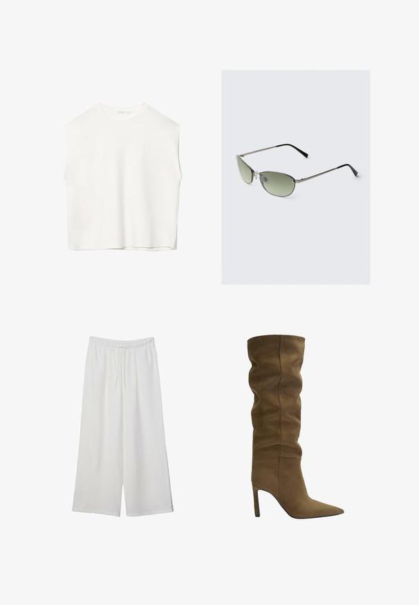 Biele bezrukávové tričko s voľným strihom, okrúhlym výstrihom, hladkou textúrou a rovným lemom. Jednoduchý dizajn bez vzorov a kovania.; Biele široké nohavice z ľahkého materiálu s elastickým pásom a šnúrkou na nastavenie veľkosti. Hladká textúra.; Olivovo zelené semišové čižmy po kolená s špicatou špičkou, voľným strihom na vrchu a stiletto podpätkom, s viditeľnými stehmi.; Dvojité kovové slnečné okuliare s predĺženými zelenými sklami, štíhlym strieborným rámom a čiernymi koncami nožičiek. Obsahujú malé nosové podložky pre pohodlie.