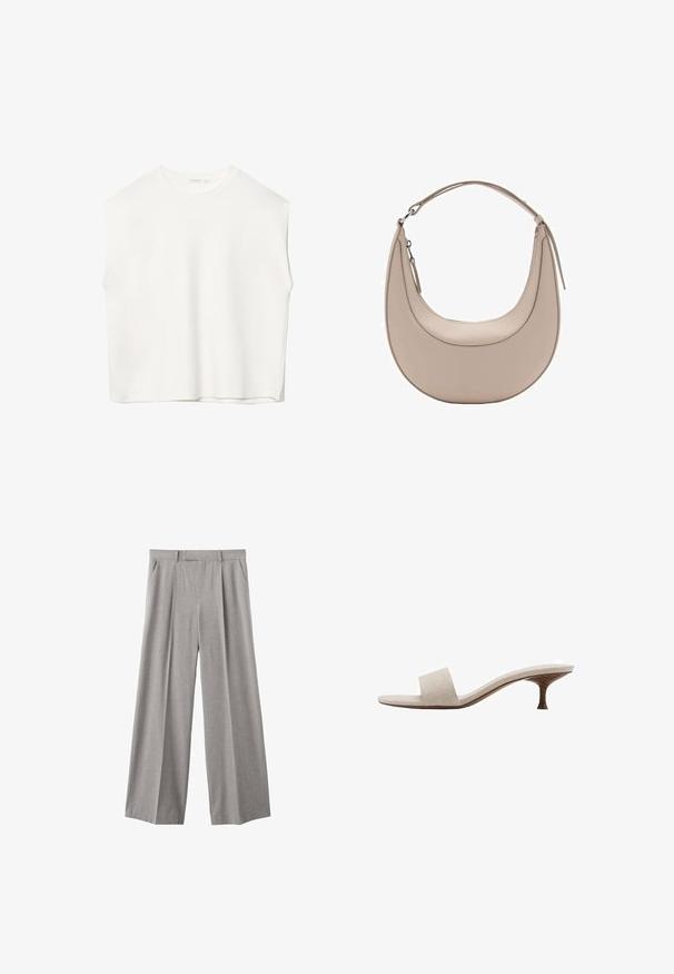 Top sans manches blanc avec une coupe décontractée, un col rond, une texture lisse et un ourlet droit. Design simple sans motifs ni accessoires.; Pantalons larges gris clair en tissu tissé. Comprend des plis avant, une taille ajustée et des poches latérales.; Sandale sans talon avec une tige en tissu tissé beige, bout ouvert et semelle intermédiaire en bois courbé. Le design présente une texture lisse et une forme minimaliste.; Sac à épaule en cuir beige de forme croissante, texture lisse, avec une seule poignée courbée. Il possède une fermeture zippée et des coutures soignées.