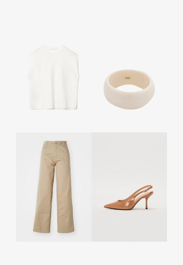 Bílý bezrukávový top s volnějším střihem, kulatým výstřihem, hladkou texturou a přímým lemem. Jednoduchý design bez vzorů a kovových prvků.; Béžové kalhoty s širokými nohavicemi vyrobené z bavlny, s knoflíkovým zapínáním a poutky na opasek, s hladkým povrchem a čistým zakončením.; Sandy poprsko s úzkým podpatkem v hladkém, lesklém odstínu tan. Obsahuje zakřivený design s výřezem a štíhlý jehlový podpatek. Detail se stříbrnou sponou.; Lesklý béžový náramek vyrobený z hladké pryskyřice. Zaoblený tvar s jednotným povrchem a malým zlatým logem na vnitřní straně.