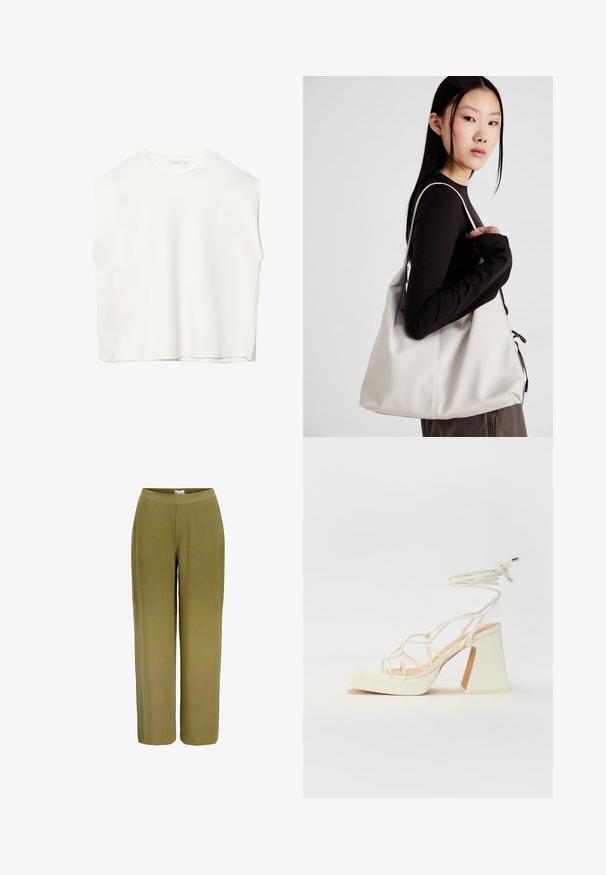 Hvid ærmeløs top med en afslappet pasform, rund halsudskæring, glat tekstur og lige kant. Simpelt design uden mønstre eller hardware.; Bredde bukser i olivengrøn. Lavet af et tekstureret stof med elastisk talje, der har en glat finish og ingen synlig hardware.; Hvide højhælede sandaler med en kraftig hæl, der har et stropdesign og ankelbinding. Glat tekstur med en platform foran for ekstra højde.; Beige håndtaske lavet af blødt materiale med et slouchy design, stikninger og to skulderremme. Velegnet til daglig brug.