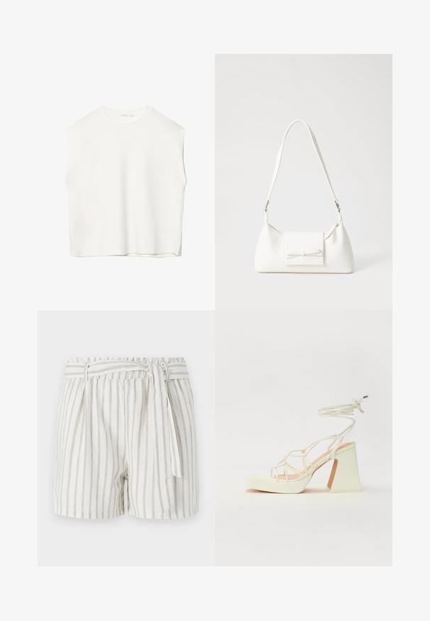 Hvid ærmeløs top med en afslappet pasform, rund halsudskæring, glat tekstur og lige kant. Simpelt design uden mønstre eller hardware.; Hvide stribede shorts med grå striber, elastisk talje og en bundet detalje foran. Letvægtsstof med en afslappet pasform.; Hvide højhælede sandaler med en kraftig hæl, der har et stropdesign og ankelbinding. Glat tekstur med en platform foran for ekstra højde.; Hvid syntetisk håndtaske med en trekantet form, flad forsideklap og sløjfedetalje, justerbar strop, glat tekstur og minimalistisk design.
