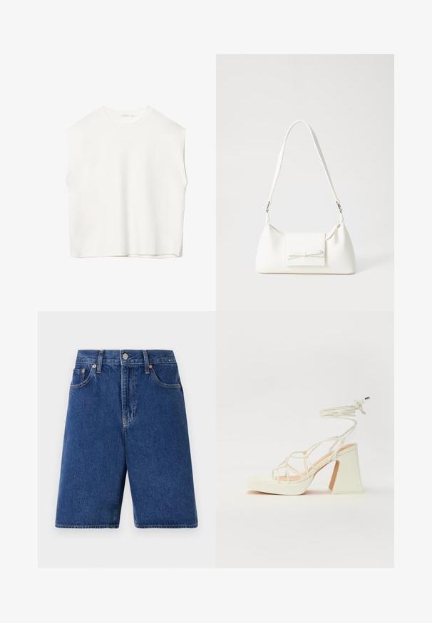 Bela brezrokavna majica z ohlapnim krojem, okroglim izrezom, gladko teksturo in ravnim robom. Preprost dizajn brez vzorcev ali dodatkov.; Denim kratke hlače v temno modri barvi s klasičnim krojem, petimi žepi in oranžnim šivom. Zaključene z sprednjim gumbom in zadrgo.; Bela sandala na visokih petah s debelim petam, ki ima obliko trakcev in vezanje okoli gležnja. Gladka tekstura z platformo spredaj za dodatno višino.; Bela sintetična torbica v obliki trikotnika, z ravnim sprednjim poklopcem in detajlom mašne, nastavljivim trakom, gladko teksturo in minimalističnim dizajnom.
