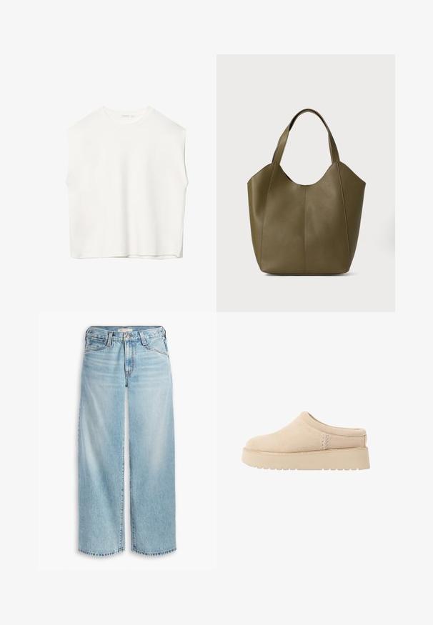 Biała, bezrękawnikowa bluzka o luźnym kroju, okrągłym dekolcie, gładkiej fakturze i prostym wykończeniu. Prosty design bez wzorów i dodatków.; Jasnoniebieskie dżinsy z szerokimi nogawkami, wykonane z denimu, z wysokim stanem, zapięciem na guziki i postrzępionym dołem. Widoczne szwy i kieszenie.; Beżowe zamszowe buty wsuwane z okrągłym noskiem i grubą, teksturowaną podeszwą. Charakteryzują się minimalnym przeszyciem i miękkim designem.; Torebka na ramię w oliwkowozielonym kolorze z podwójnymi uchwytami, gładka tekstura i czteropanelowa konstrukcja. Wzmocnione przeszycia wzdłuż szwów dla większej trwałości.