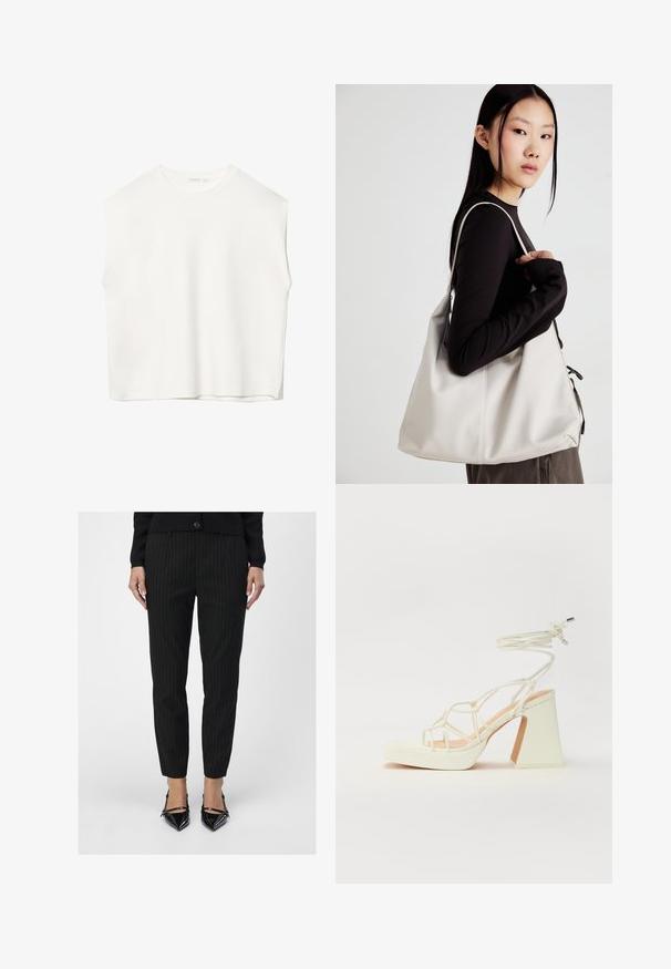 Valkoinen hihaton paita, jossa on rento leikkaus, pyöreä pääntie, sileä pinta ja suora helma. Yksinkertainen muotoilu ilman kuvioita tai metalliosia.; Musta raitapuku tarjoaa räätälöidyn istuvuuden ja sileän tekstuurin. Yhdistettynä kiiltäviin mustiin kärkipolkkaisiin korkoihin, jotka korostavat suoria linjoja.; Valkoinen korkokenkä, jossa on paksu korko, ja joka sisältää nauhakiinnityksen ja nilkkaketjun. Sujuva pinta, jossa on platform-etupohja lisäkorkeutta varten.; Beige laukku, joka on valmistettu pehmeästä materiaalista, ja siinä on rento muotoilu, ommeltu yksityiskohtia ja kaksi olkahihnaa. Sopii päivittäiseen käyttöön.