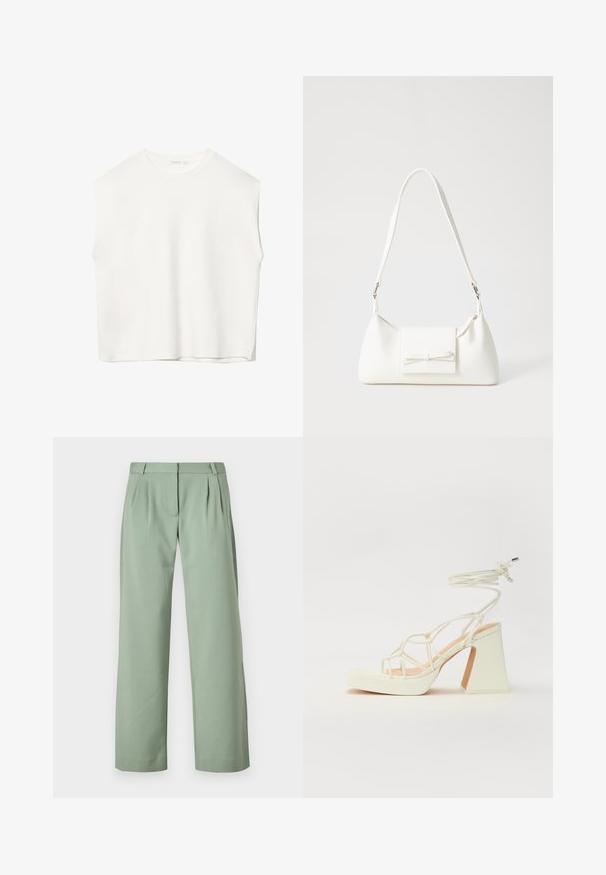 Top bianco senza maniche con vestibilità morbida, scollo rotondo, texture liscia e orlo dritto. Design semplice senza motivi o accessori.; Pantaloni verdi su misura realizzati in tessuto liscio. Presentano un design a gamba dritta, pieghe sulla parte anteriore e tasche laterali.; Sandalo bianco con tacco alto, caratterizzato da un design a cinturini e un legaccio alla caviglia. Texture liscia con una piattaforma frontale per un'altezza aggiuntiva.; Borsa sintetica bianca a forma triangolare, con patta anteriore piatta e dettaglio a fiocco, tracolla regolabile, texture liscia e design minimalista.