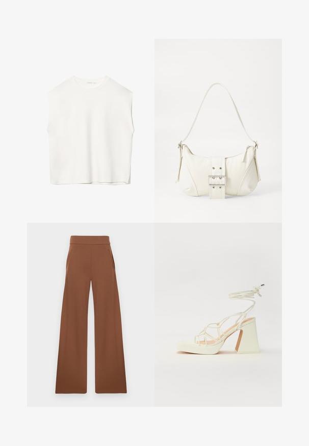 Bílý bezrukávový top s volnějším střihem, kulatým výstřihem, hladkou texturou a přímým lemem. Jednoduchý design bez vzorů a kovových prvků.; Hnědé kalhoty širokého střihu vyrobené z hladkého, elastického materiálu. Mají vysoký pas a boční kapsy, navržené pro volný střih.; Bílé sandály na vysokém podpatku s robustním podpatkem, s designem s pásky a zavazováním kolem kotníku. Hladký povrch s platformou vpředu pro zvýšení výšky.; Bílá kabelka na rameno s texturovaným povrchem, centrálním akcentem v podobě spony a zakřiveným tvarem. Zipové uzávěry na obou stranách.