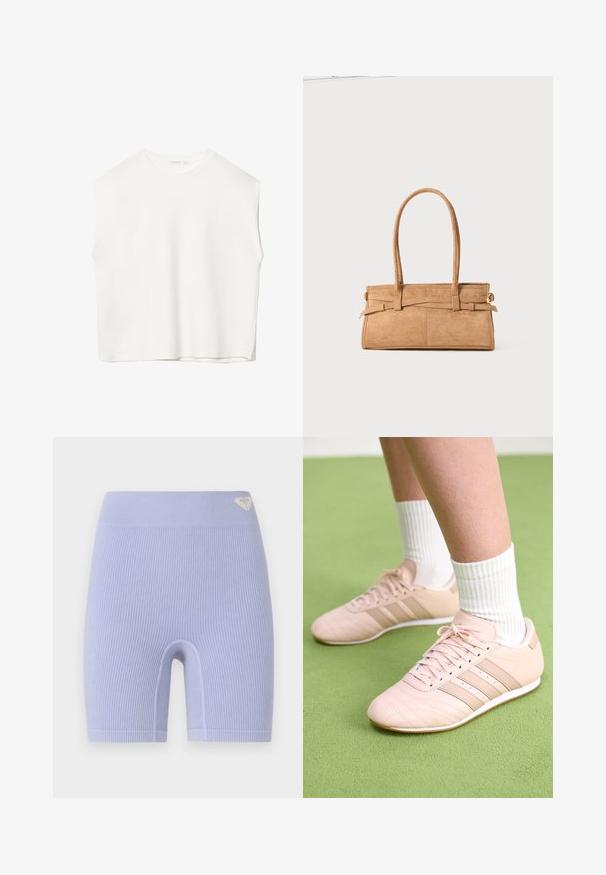 Top bianco senza maniche con vestibilità morbida, scollo rotondo, texture liscia e orlo dritto. Design semplice senza motivi o accessori.; Shorts da biker in lavanda a costine con una vita alta. Presentano un piccolo logo accentato sul lato sinistro superiore. Design semplice e aderente.; Scarpe da ginnastica rosa chiaro con cuciture diagonali, suole bianche e tre strisce laterali. Indossate con calze bianche a coste su una superficie verde.; Borsa in suede tan con due manici lunghi, forma rettangolare e cuciture decorative. Presenta una tracolla laterale e sottili dettagli in oro.