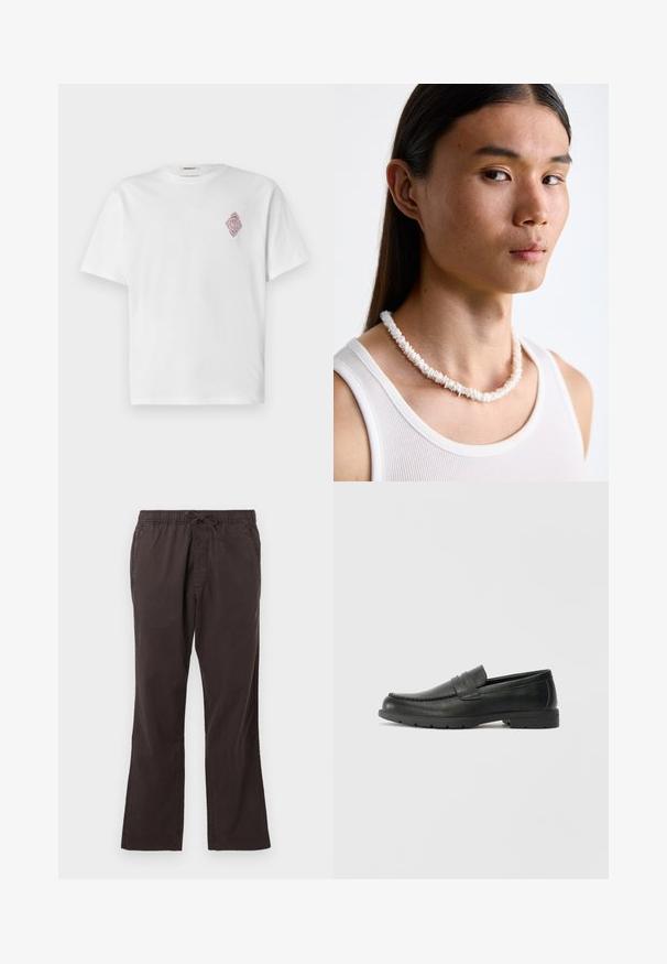 Hvit bomulls t-skjorte med korte ermer, med et rødt brodert diamantdesign på venstre brystområde. Klassisk rund hals.; Mørkebrune elastiske bukser med snor i taljen, med rette ben og et glat, strukturert stoff.; Svart skinnloafers med glatt finish, mokkasin-stil overdel, broderte detaljer og gummisåle. Klassisk design med lav hæl.; Hvit skjellkjede bestående av uregelmessige former, båret over en tettsittende hvit tanktop. Glatt tekstur med subtil glans, tettsittende design.
