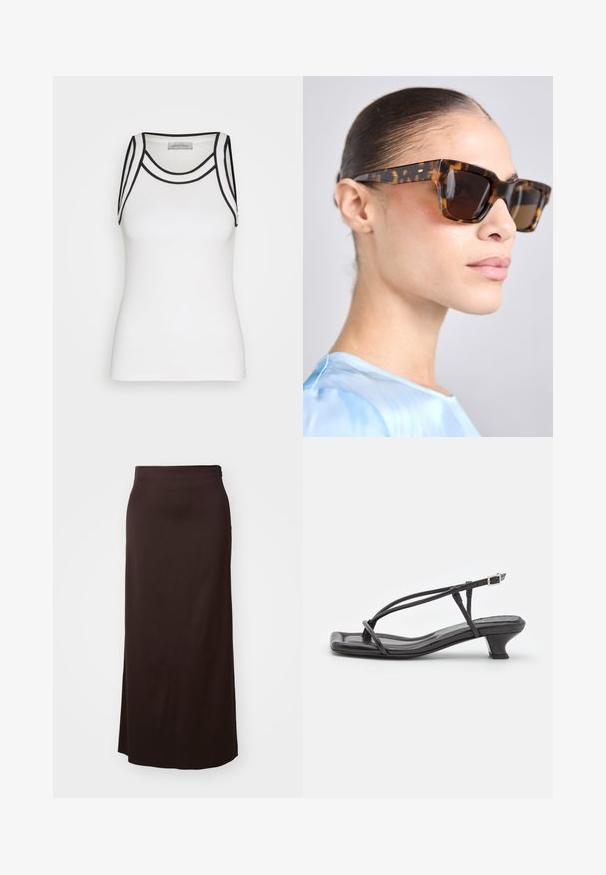 Weißes Tanktop aus Rippstoff, mit schwarzen Akzenten entlang des Ausschnitts und der Armausschnitte, in einer taillierten Silhouette.; Langer schwarzer Rock aus glattem Stoff. Hat ein gerades Design mit einem seitlichen Schlitz für mehr Bewegungsfreiheit und einem dezenten Taillenbund-Detail.; Schwarze Leder-Sandale mit dünnen Riemen, niedrigem Blockabsatz und quadratischer Spitze. Sie verfügt über einen Schnallenverschluss und eine glatte Textur.; Schildpatt-Sonnenbrille mit einem massiven, rechteckigen Rahmen. Dunkle Gläser und goldfarbene Akzente an den Bügeln. Glatte, glänzende Oberfläche.; Weiße, strukturierte Clutch mit einem gerafften Design, ausgestattet mit einem goldenen Kettenriemen. Glatte Oberfläche mit subtilen Wellen und abgerundeten Kanten.; Silberne Perlenohrringe in geschwungener Bohnenform. Glatte, glänzende Oberfläche und mit einem Stecker- und Rückverschluss gesichert.