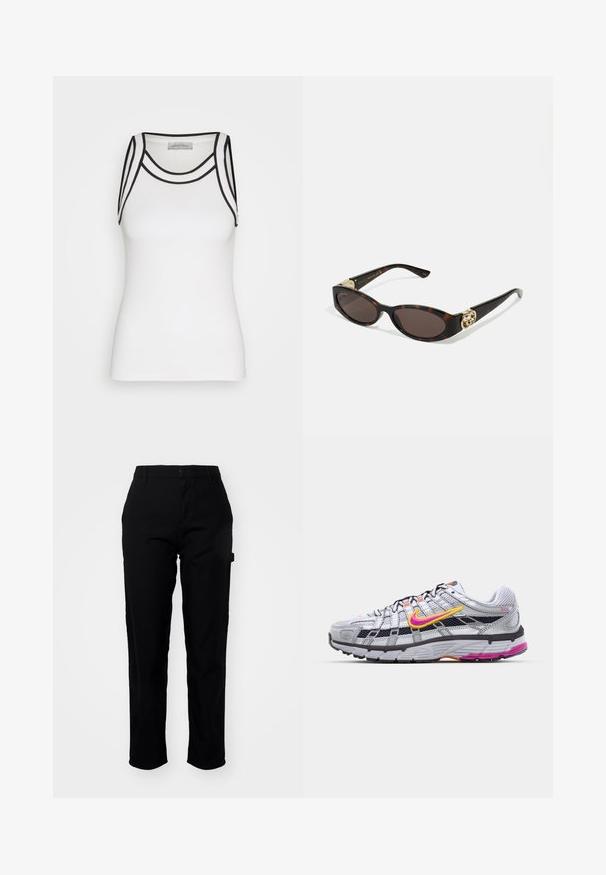 Débardeur blanc en tissu côtelé, avec des accents noirs le long de l'encolure et des emmanchures, présentant une silhouette ajustée.; Carhartt WIP PIERCE PANT - Pantalon classique - black; Baskets de course en mesh gris avec un swoosh distinctif rose et jaune, accents noirs et une semelle en caoutchouc texturé. Comprend un embout renforcé et un col rembourré.; Lunettes de soleil en écaille, avec des verres ovales allongés, teinte marron, accents de logo doré sur les branches et montures noires élégantes.