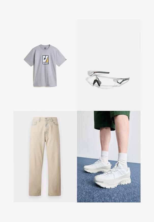 Camiseta de algodón gris con un gráfico central que presenta elementos en negro, amarillo y blanco, junto con una estrella negra en el diseño.; Pantalones vaqueros de denim de algodón en color beige, con piernas rectas, cinco bolsillos, trabillas para el cinturón y cierre de cremallera. Textura ligeramente desgastada y costuras en contraste.; Zapatillas deportivas blancas con superposiciones texturizadas, una suela gruesa y acentos grises. Llevadas con calcetines blancos hasta la pantorrilla y pantalones cortos verdes sobre una superficie azul.; Gafas de seguridad transparentes con un marco ligero y acentos grises. Presentan un diseño envolvente y una almohadilla nasal ajustable.