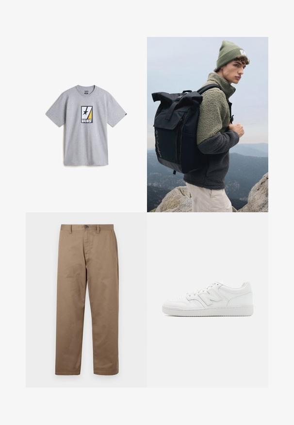 T-shirt in cotone grigio con un grafico centrale che presenta elementi neri, gialli e bianchi, insieme a una stella nera nel design.; Pantaloni in cotone marrone a gamba dritta, con chiusura a bottone, tasche laterali e una texture liscia. Senza motivi o dettagli visibili.; Sneaker bianco realizzato in pelle liscia, con punta perforata, suola in gomma testurizzata, lacci piatti e un prominente logo 'N' sul lato.; Zaino nero con apertura a roll-top e spallacci regolabili, giacca in pile grigia e berretto verde oliva; all'aperto con terreno roccioso e montagne sullo sfondo.