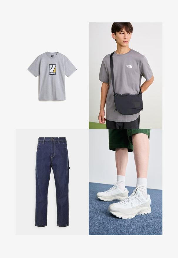 Grå bomulds t-shirt med et centralt grafisk design, der indeholder sorte, gule og hvide elementer, samt en sort stjerne i designet.; Mørkeblå denim cargo bukser med gul syning, sidelommer og en lige pasform. Funktioner en knap- og lynlåslukning.; Hvide atletiske sko med teksturerede overlays, en chunky sål og grå accenter. Båret med hvide ankelstrømper og grønne shorts på en blå overflade.; Sort nylon crossbody taske med justerbar rem, der har en snøre lukning og prægede logo detaljer. Bæres over en grå t-shirt.