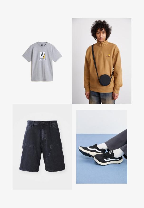 Gray cotton t-shirt featuring a central graphic with black, yellow, and white elements, along with a black star in the design.; Dark denim shorts featuring a straight cut, large front pockets, and a button closure; smooth texture and minimal stitching details.; Black sneakers with white accents, mesh and rubber materials, featuring a textured sole and heel tab. Worn with white socks and gray pants.; Brown quarter-zip fleece sweatshirt with embroidered logo, featuring a black round crossbody bag with a zipper and logo detail, worn over denim.