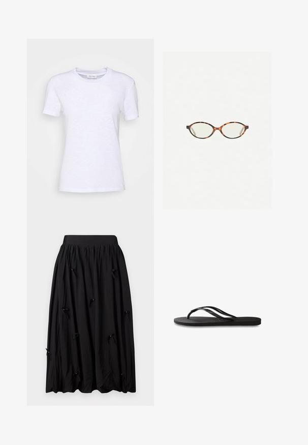 Bela bombažna majica s krojem okoli vratu, kratkimi rokavi in rahlo teksturirano površino. Brez vidnih vzorcev ali dodatkov.; Črna krilo iz mehkega blaga, z nabranim pasom, dolžina do kolen in majhnimi pentljami z biseri na razdalji.; Črne natikače z teksturirano gumijasto podlogo, dvema ozkima trakoma in subtilnim, vtisnjenim logom na traku.; Kornjačaste očala z ovalnimi lečami in gladko, sijočo površino. Imajo tanke stranice z rahlim ovinkom na templjih. Prosojne leče.